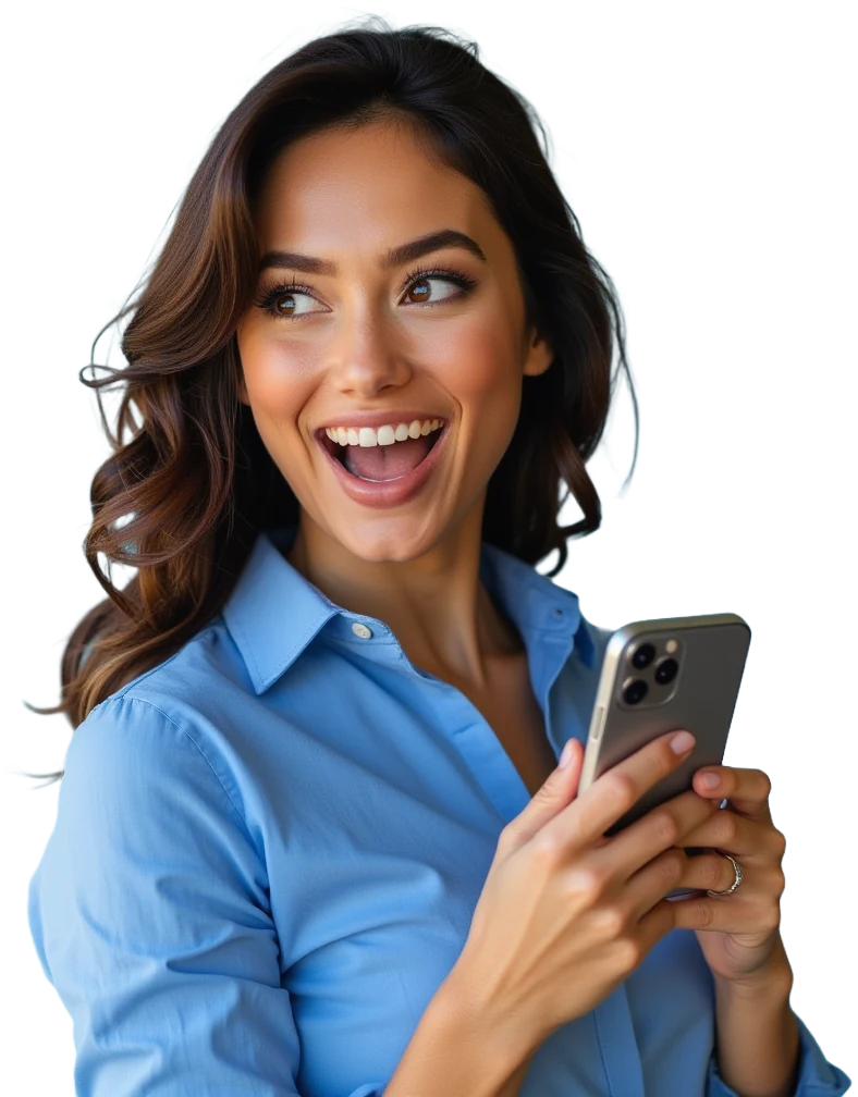Mulher sorrindo de camisa azul olhando para o celular que segura, ilustração de marca da TopX