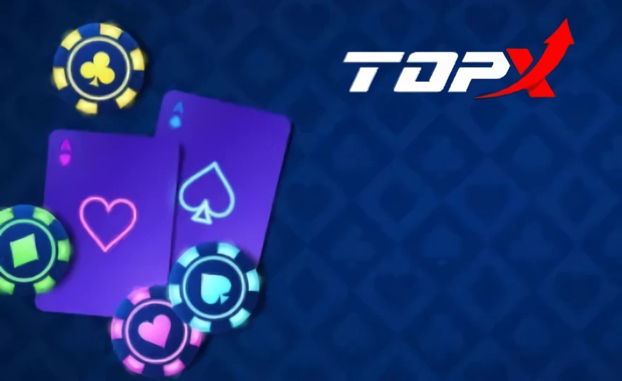 Cartas roxas e fichas sobre fundo azul estampado, com o logotipo da TopX no canto superior