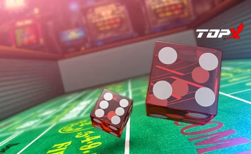 Dois dados vermelhos rolando sobre mesa verde de cassino, com o logotipo da TopX ao fundo